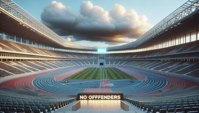 Olympisch stadion met prominent bord 'Geen overtreders'.