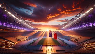 Stade olympique avec coucher de soleil paisible et drapeau français.