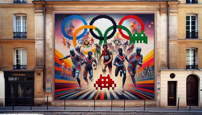 Mosaïque sur le thème des Jeux Olympiques sur un mur parisien avec Space Invaders.