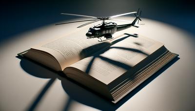 Livro aberto com uma sombra de helicóptero pairando.