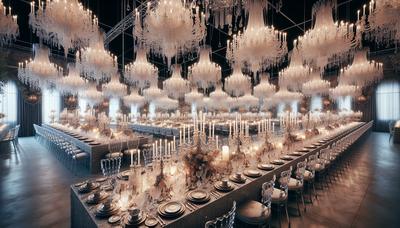 Tables à manger opulentes avec des décorations luxueuses et des chandeliers