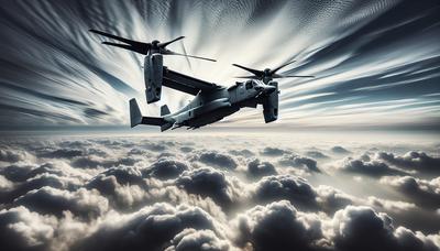 Aeronave Osprey em voo contra um céu nublado.

