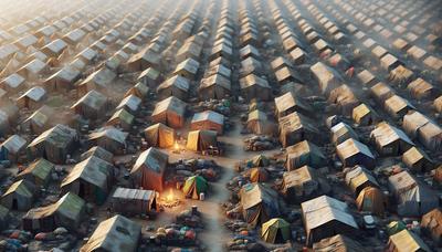 Campamento de refugiados superpoblado con tiendas médicas improvisadas.