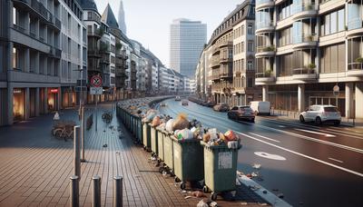 Überquellende Mülleimer auf belebter Straße in Mainz.