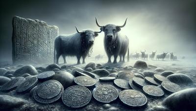 Bueyes y monedas de plata en runas vikingas antiguas.