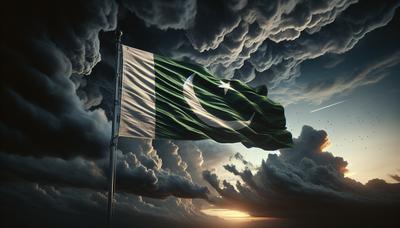 Bandiera pakistana con uno sfondo di cielo cupo.
