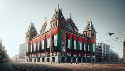 Palestijnse vlaggen en spandoeken buiten het Stopera-gebouw in Amsterdam.