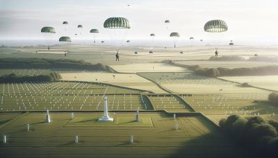 Parachutes dalen neer over een Normandisch veld met gedenktekens.