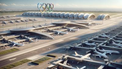 Aéroport de Paris avec des avions et les anneaux olympiques visibles