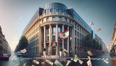 Bâtiment de la conférence de Paris avec drapeau libanais et dollars.