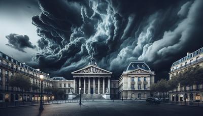 Palais de justice de Paris la nuit avec un ciel orageux sombre.