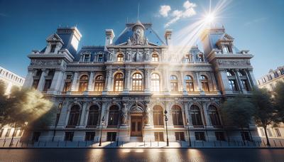 Bâtiment du palais de justice de Paris avec un ciel bleu clair.