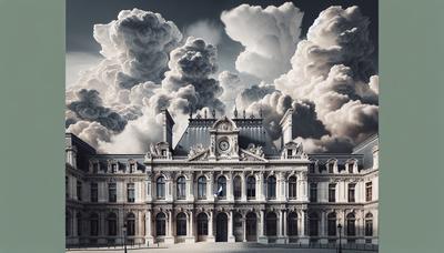 Extérieur du palais de justice de Paris avec un ciel nuageux en arrière-plan.