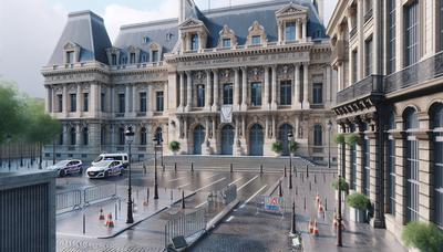 Extérieur du palais de justice de Paris avec des banderoles de présence policière.