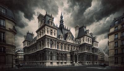 Extérieur du palais de justice de Paris avec un ciel couvert et sombre.