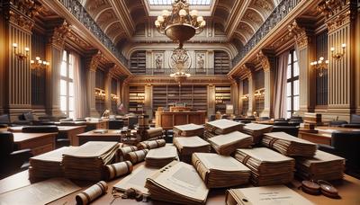 Palais de justice de Paris avec des dossiers classés sur le bureau.