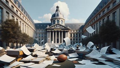 Palais de justice de Paris avec des documents juridiques et du football.