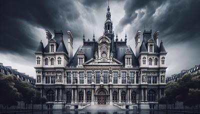 Palais de justice de Paris avec une ambiance sombre et un ciel nuageux.