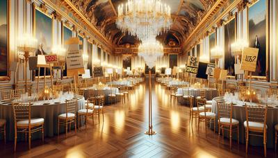 Lieu de gala à Paris avec des pancartes de protestation et des banderoles.