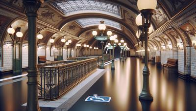 Station de métro de Paris avec panneau d'accessibilité pour fauteuil roulant.