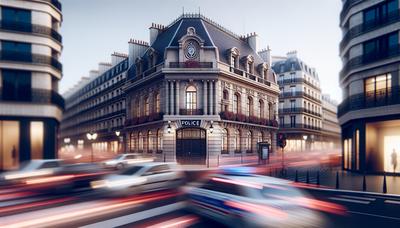 Außenansicht der Polizeistation in Paris mit verschwommener belebter Straße.