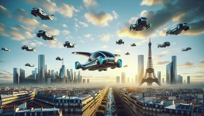 Le paysage urbain de Paris avec des taxis volants futuristes dans le ciel.