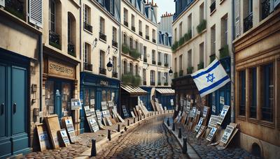 Rue de Paris avec des pancartes de protestation et des drapeaux israéliens.