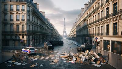 Rues de Paris avec des pancartes de protestation et présence policière.