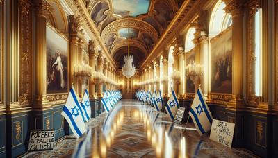 Lieu de gala parisien avec des drapeaux israéliens et des pancartes de protestation.