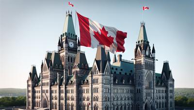 Edificio del Parlamento con la bandera canadiense y tensión política.