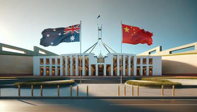 O Parlamento com bandeiras da Austrália e da China do lado de fora.

