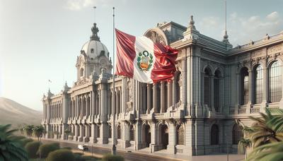 Peruanische Flagge auf halbmast vor Regierungsgebäude.