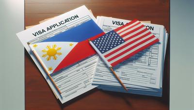 Banderas de Filipinas y Estados Unidos con formularios de solicitud de visa