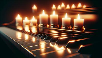 Tasti di pianoforte con luce soffusa di candela sullo sfondo.