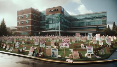 Cartazes de protesto fora dos hospitais de Providence durante a greve dos enfermeiros no Oregon.