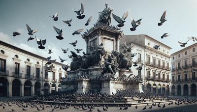 Palomas posadas en la estatua de la plaza del pueblo.