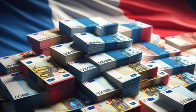 Des piles de billets en euros avec un fond de drapeau français.