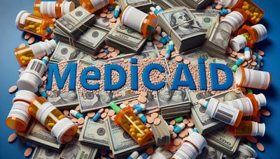 Stapels geld en voorgeschreven pillen met Medicaid-logo.