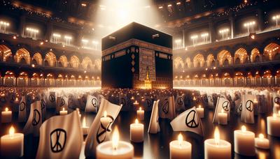 Peregrinos na Kaaba com bandeiras de paz e velas

