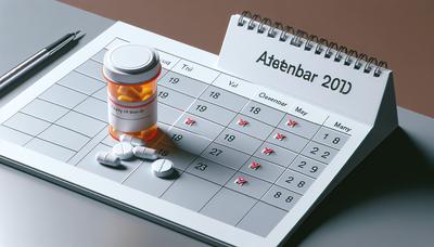 Botella de pastillas con calendario y marcas de verificación de medicación.