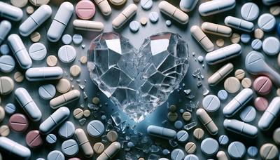 Pastillas y corazón destrozado ilustrando una crisis de salud mental.