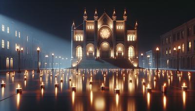 Sinagoga de Pittsburgh com vigília à luz de velas à noite.