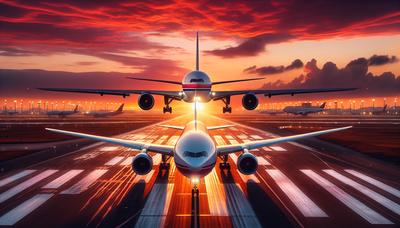 Aviões quase colidem na pista de taxiamento do aeroporto ao anoitecer.