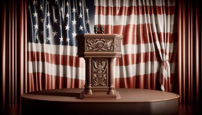 Podium avec drapeau américain soulignant une conversation politique respectueuse.