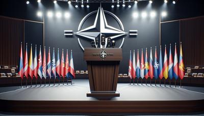 Podium mit Flaggen, Mikrofonen und NATO-Emblem im Hintergrund