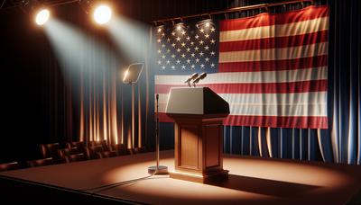 Podium mit Scheinwerfer unter einem Hintergrund mit amerikanischer Flagge