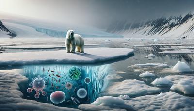 Ours polaire au milieu de la glace fondante avec des agents pathogènes visibles.