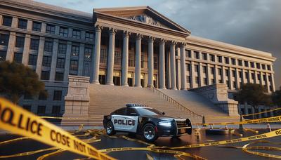 'Auto della polizia fuori dall'edificio istituzionale con nastro di sicurezza.'