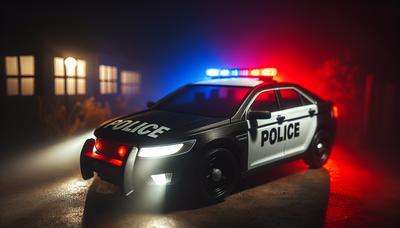 Coche de policía con luces intermitentes en escena nocturna.