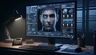 Polizeicomputerbildschirm mit Gesichtserkennungssoftware-Interface.